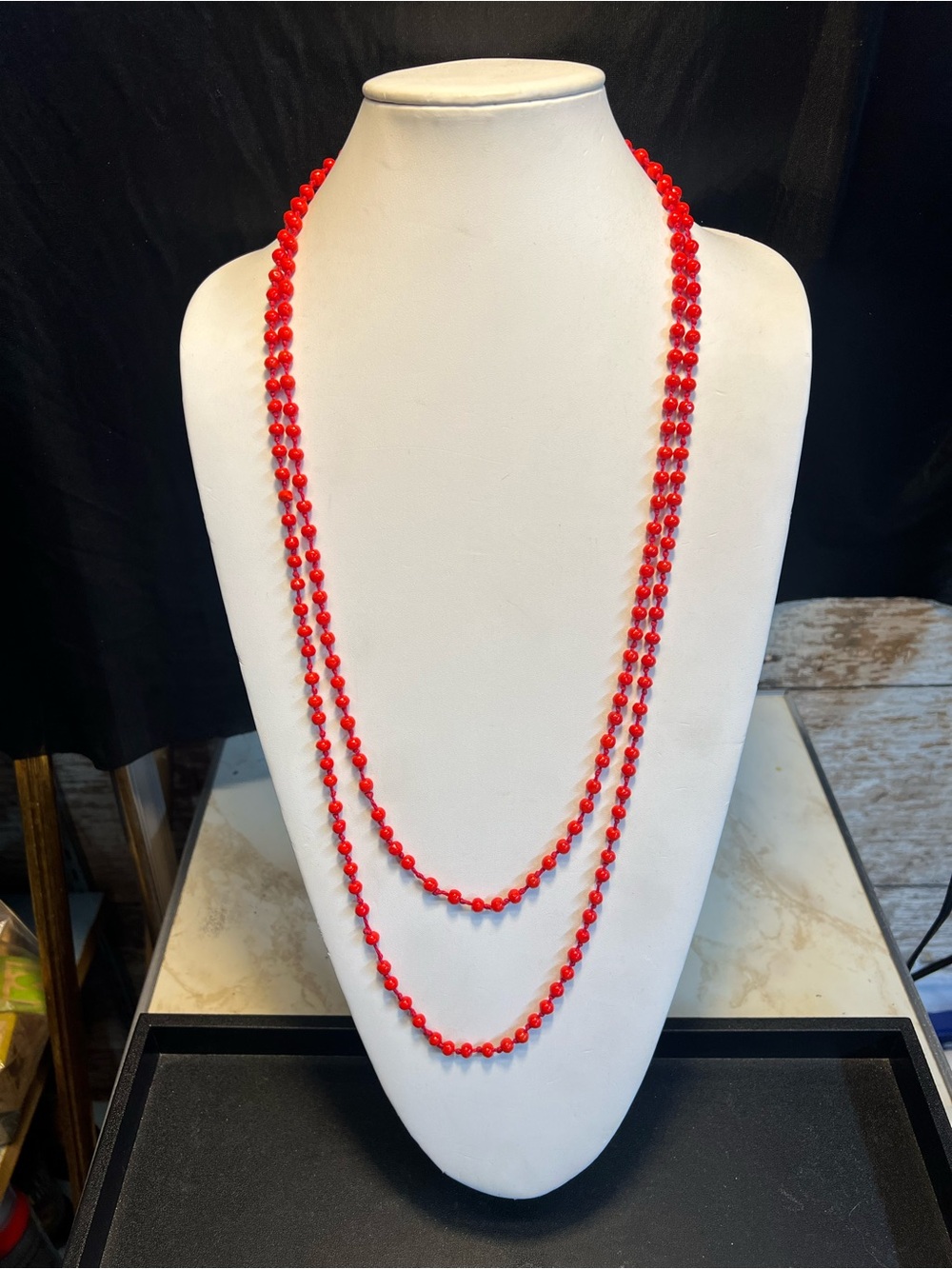 Long Beaded Red Glass Necklace, Hand Knotted